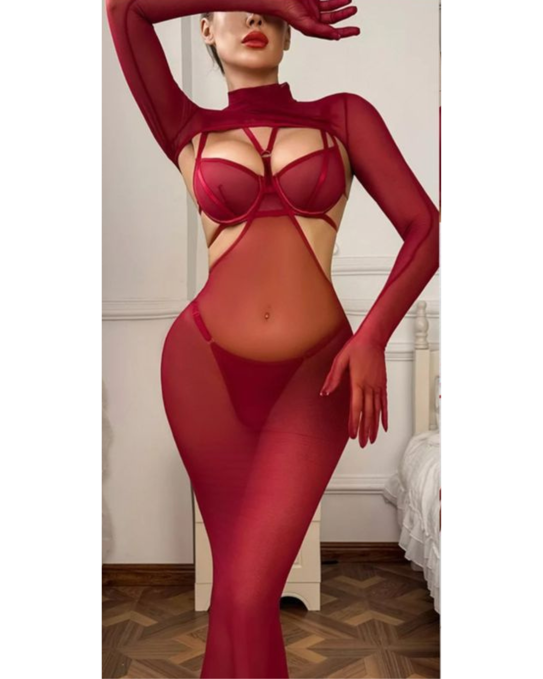 Crimson Mesh Cut-Out Lingerie Gown Set