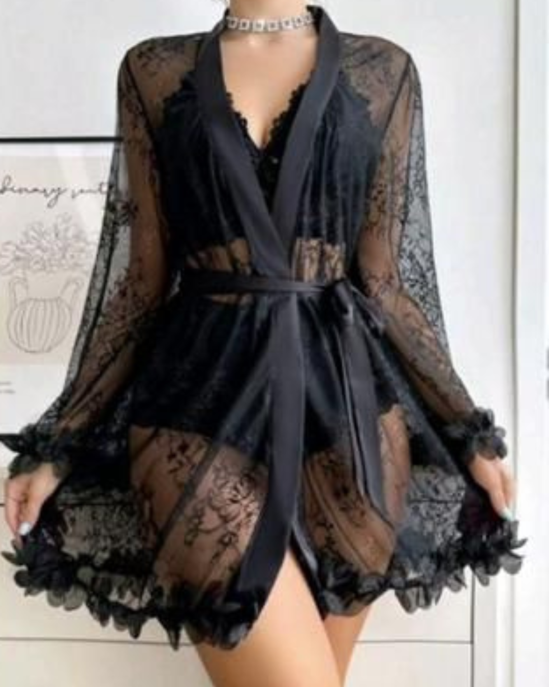 Velvet Rose Lace Lingerie Set with Sheer Robe