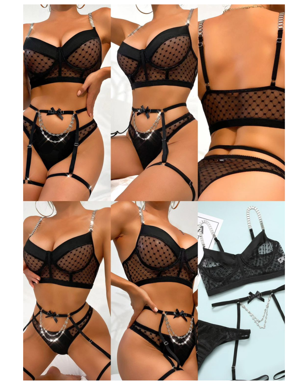 Strappy Mesh Bra & Garter Lingerie Set with Chain Detail