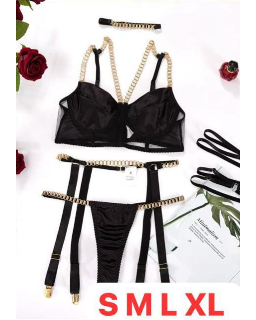 Black Chain Strap Lingerie Set – Luxury Mesh Bra, Thong & Garters
