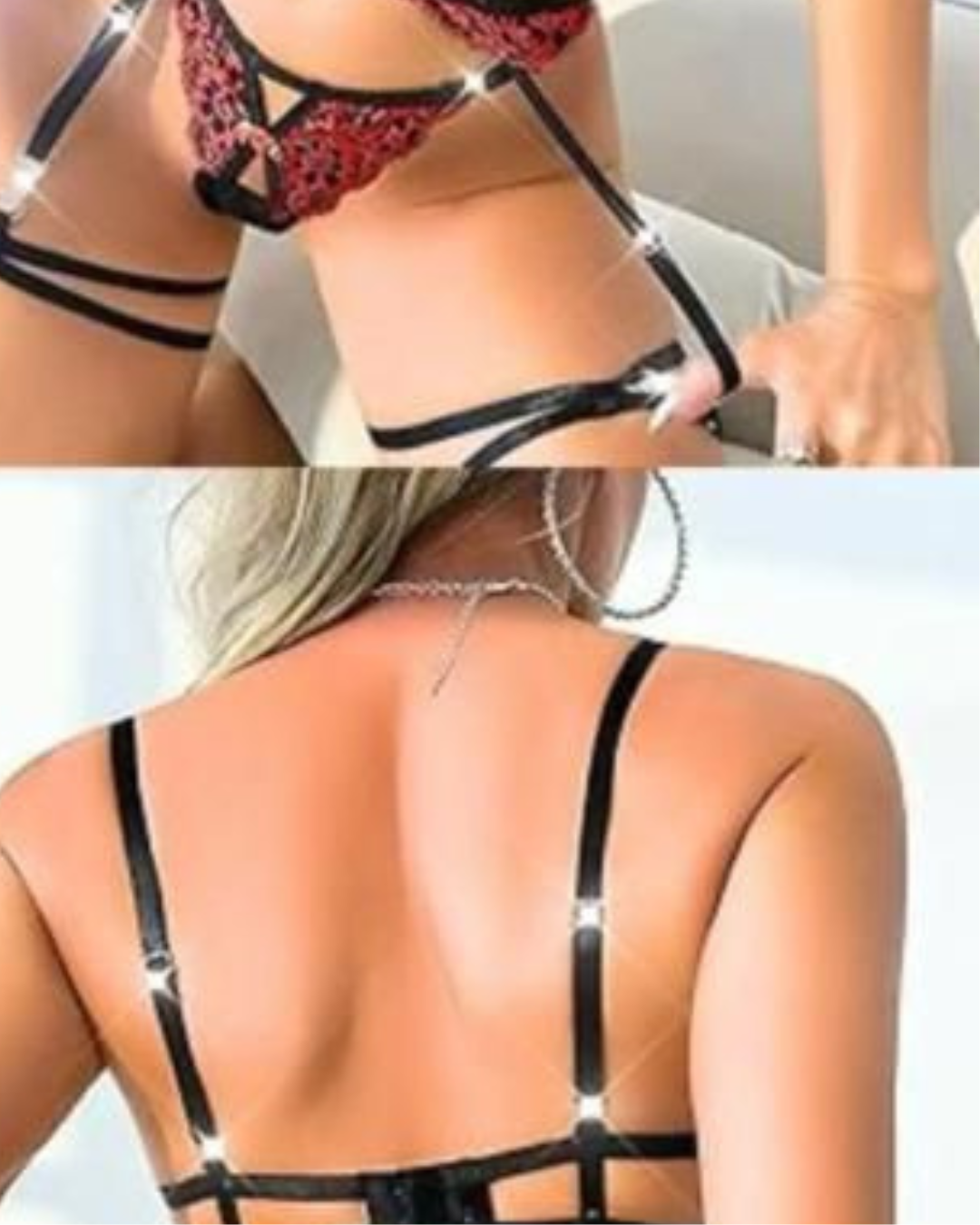 Black & Red Lace Harness Lingerie Set with Garter Straps