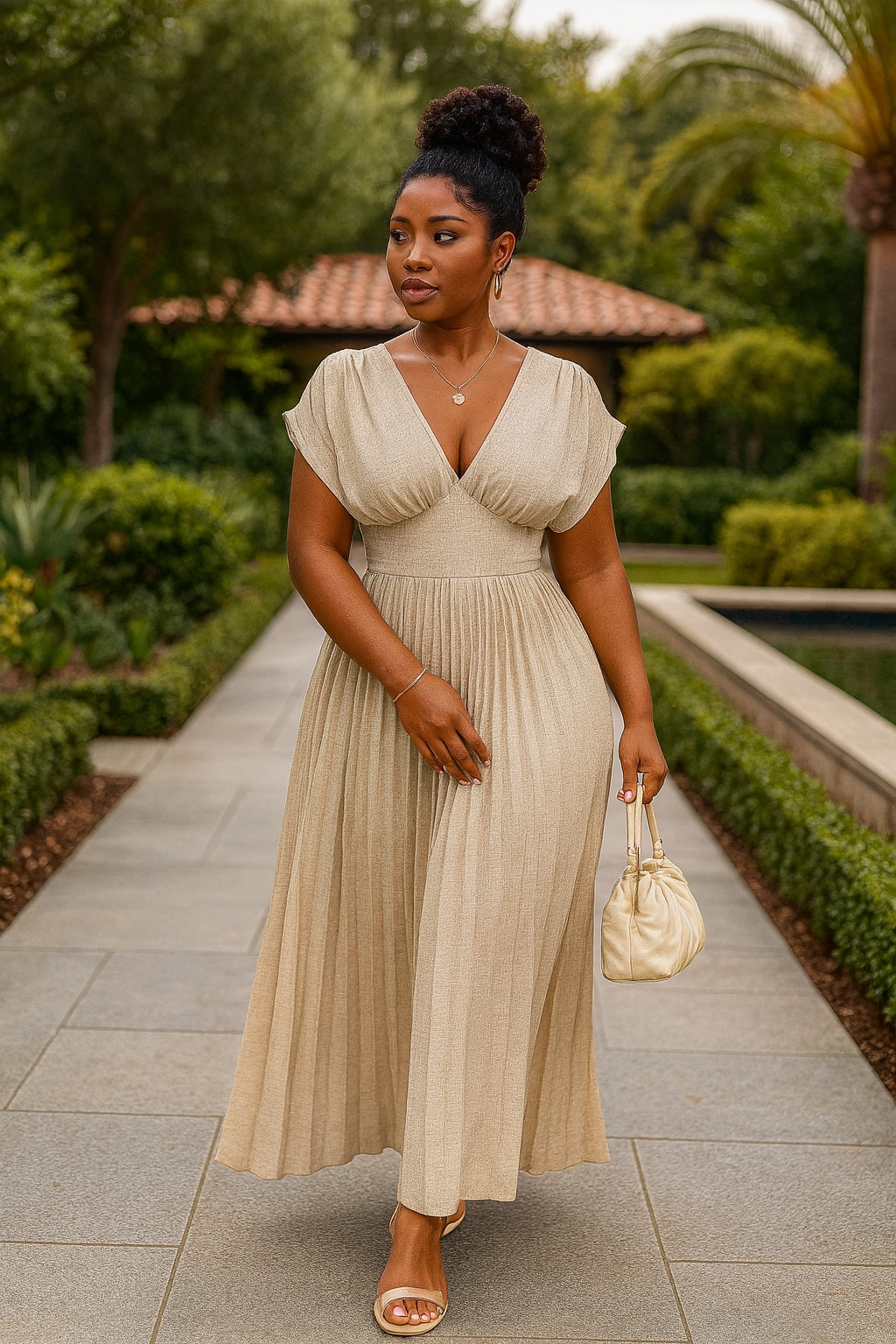 Ember Wear Pleated V-Neck Midi Dress – Flowy Waist-Defined Silhouette