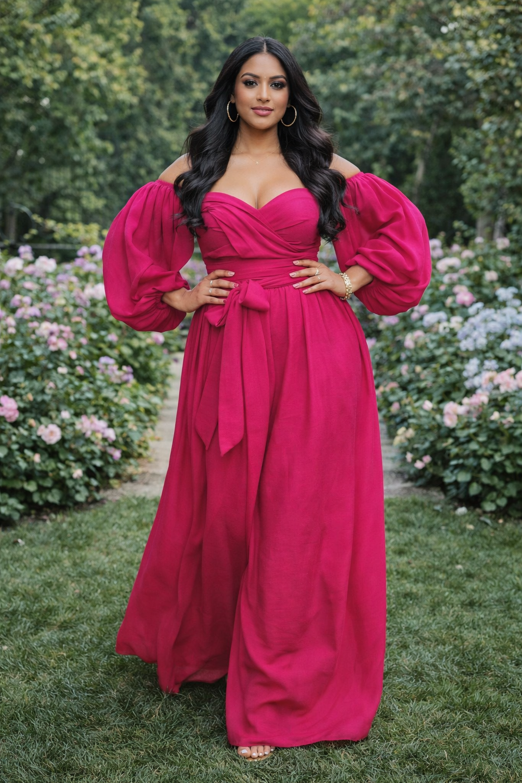 Off-Shoulder Wrap Bodice Maxi Dress with Balloon Sleeves