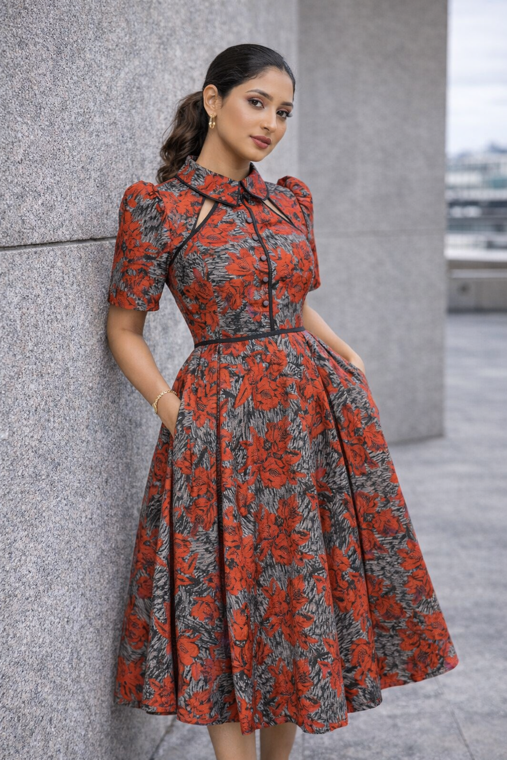 Ember Elegance Floral Structured Midi Dress