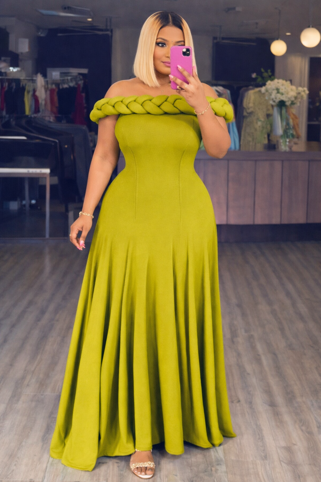 Braided Off-Shoulder Maxi Dress – Elegant Sculpted Fit