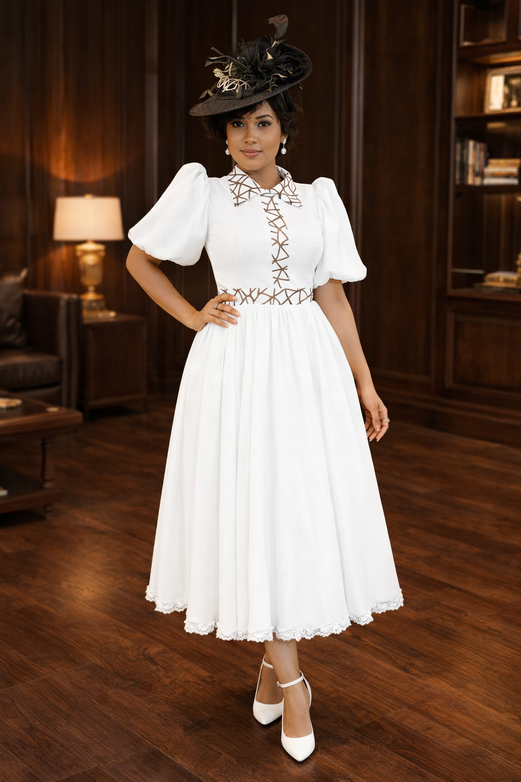 Women’s Elegant Puff-Sleeve Midi Dress