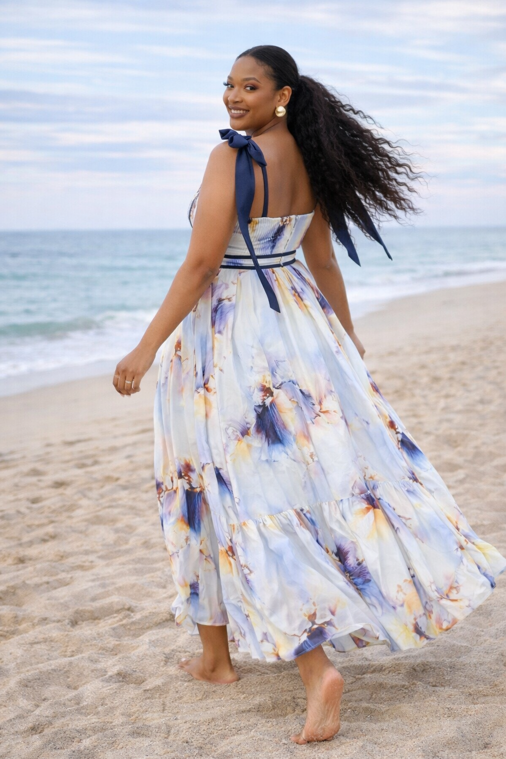 Azure Bloom Tie-Strap Maxi Dress