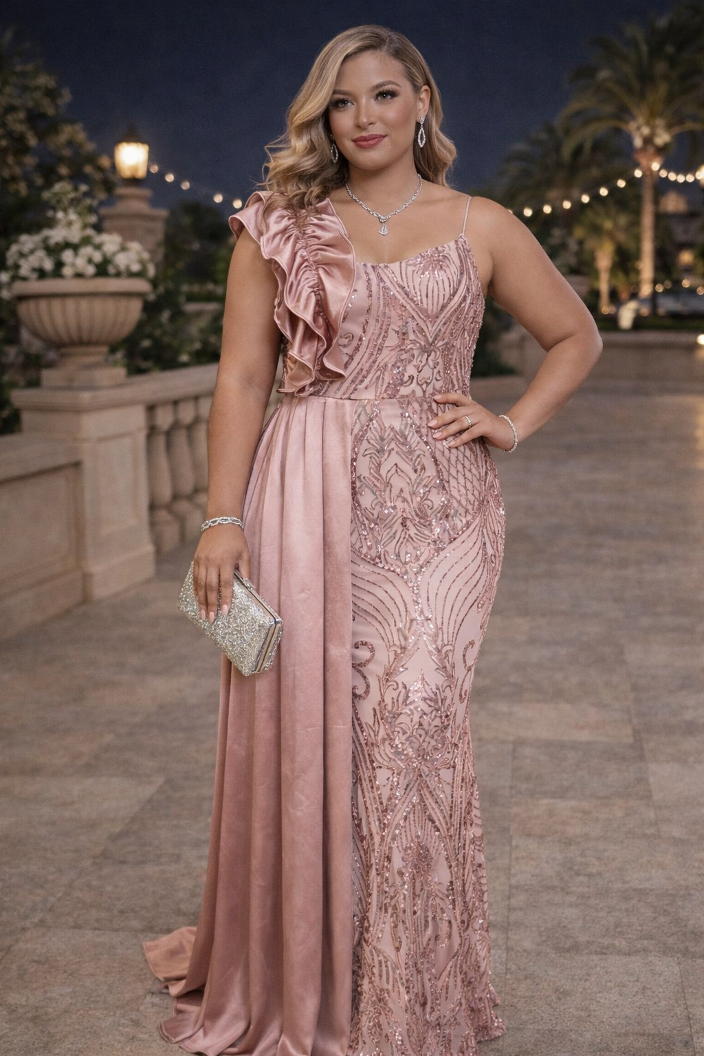 Celeste One-Shoulder Beaded Evening Gown