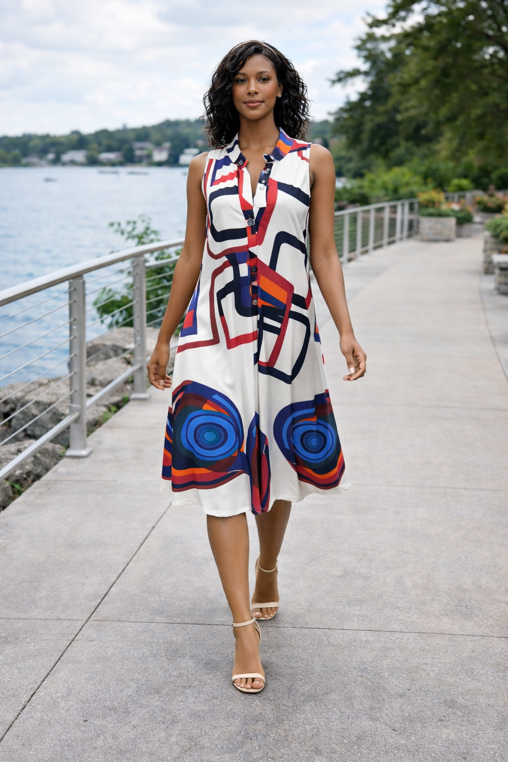 Abstract Flow Sleeveless Midi Dress