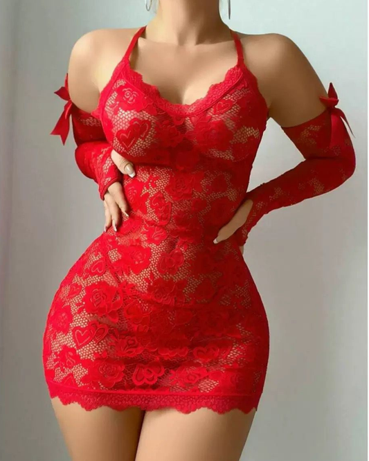 Scarlet Lace Bodycon Lingerie Dress with Gloves