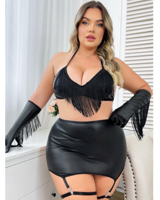 Midnight Fringe Garter Lingerie Set