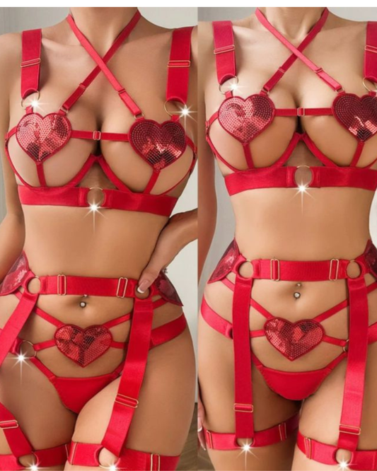 Heart Detail Strappy Harness Lingerie Set
