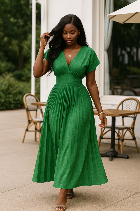 Ember Wear Pleated V-Neck Midi Dress – Flowy Waist-Defined Silhouette