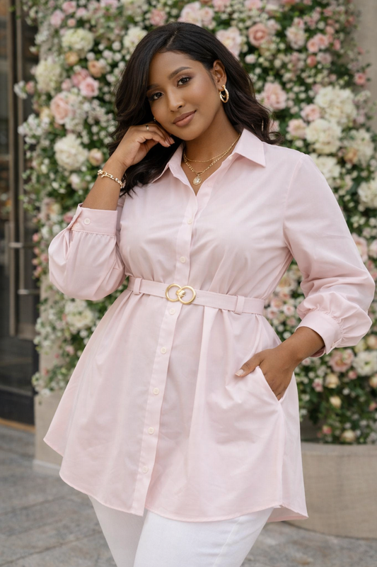 Belted Button-Up Longline Shirt Blouse