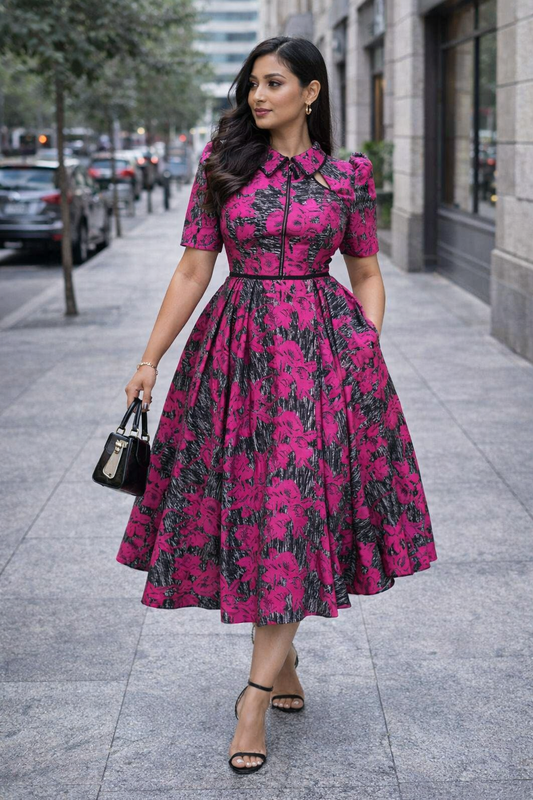 Ember Elegance Floral Structured Midi Dress