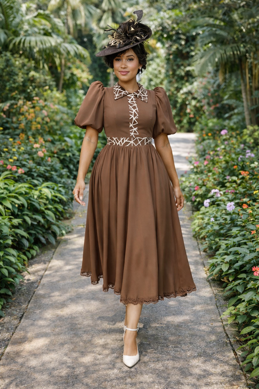 Women’s Elegant Puff-Sleeve Midi Dress