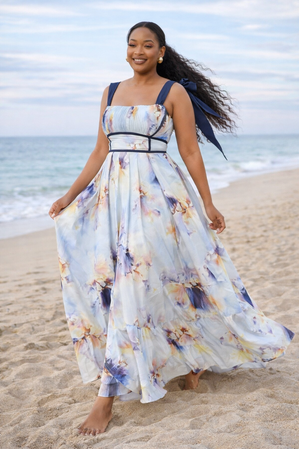 Azure Bloom Tie-Strap Maxi Dress