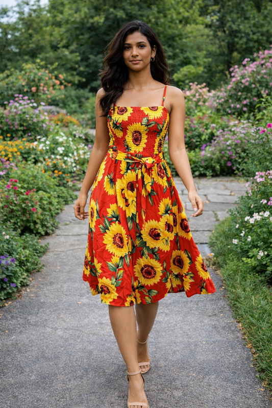 Sunflower Bloom Smocked Midi Dress