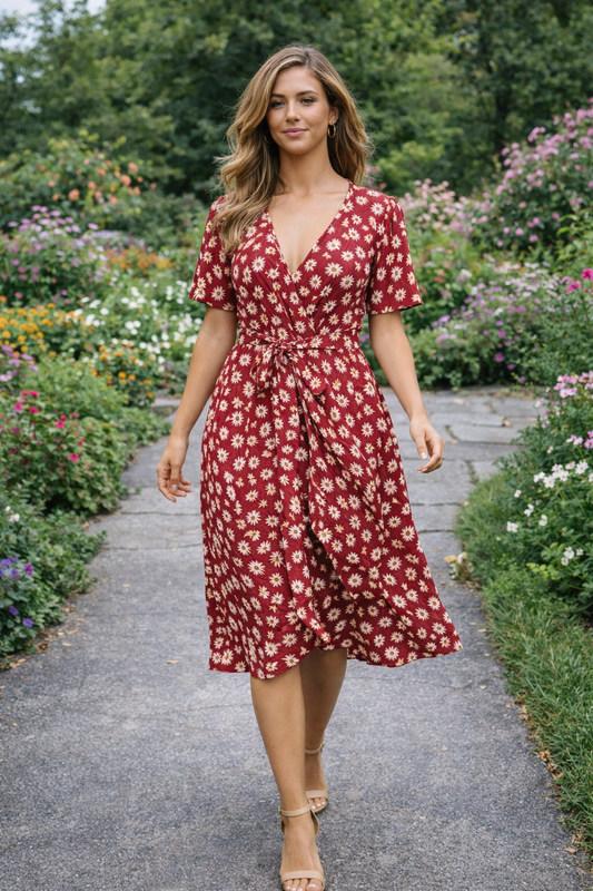 Autumn Daisy Wrap Midi Dress