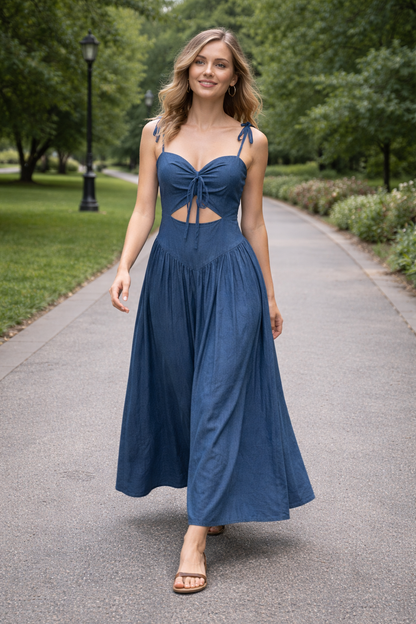Midnight Flow Tie-Front Maxi Dress